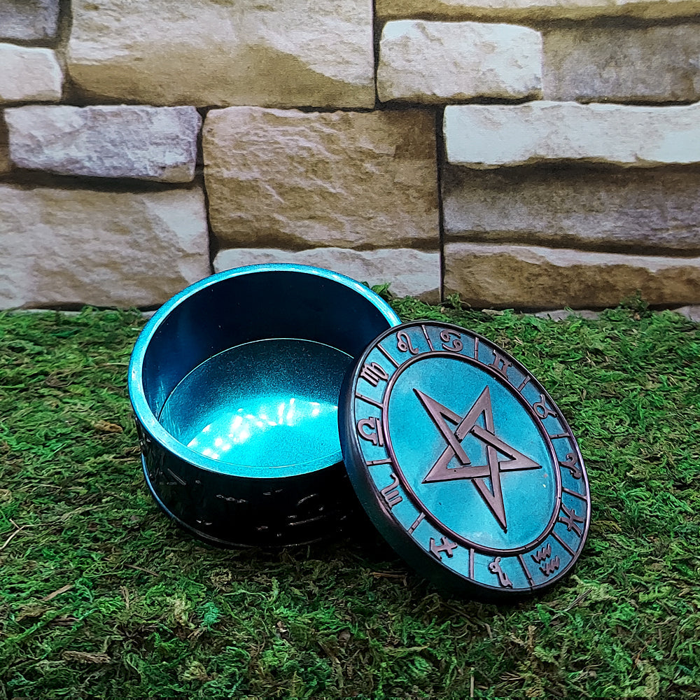 Pentacle trinket box for sacred storage of jewelry, crystals, and small ritual keepsakes.