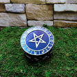 Pentacle trinket box with lid for storing jewelry, crystals, and small ritual keepsakes.