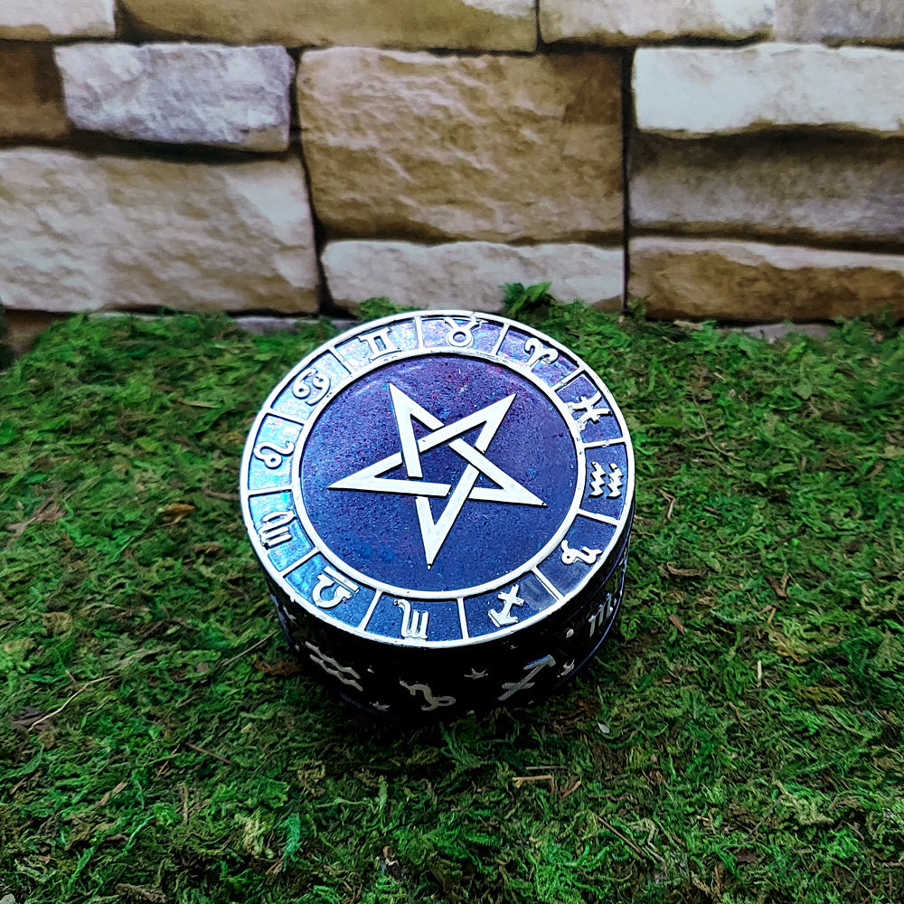 Pentacle trinket box with lid for storing jewelry, crystals, and small ritual keepsakes.