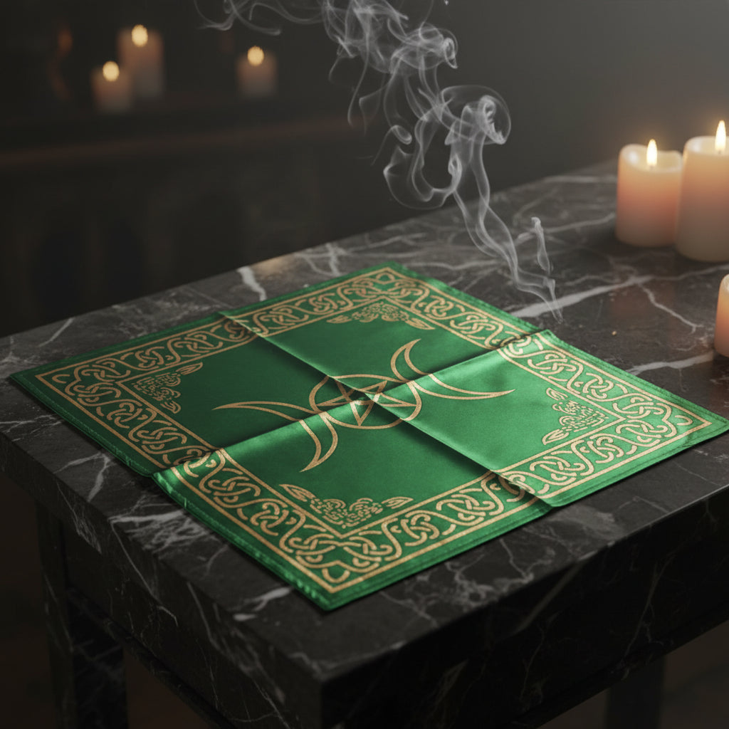 Pentacle Triple Moon ritual altar cloth for ceremonial altar setup, spellcasting, and devotional use.