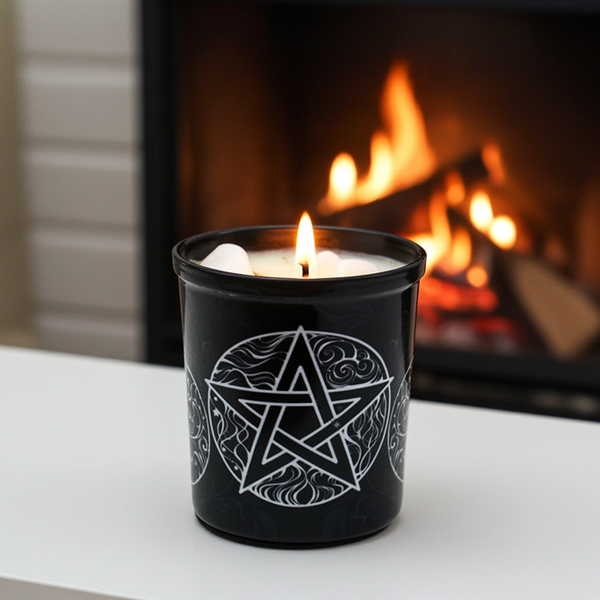Pentacle votive scented candle with herbs and crystal stones for ritual use, altar decor, and spiritual cleansing.