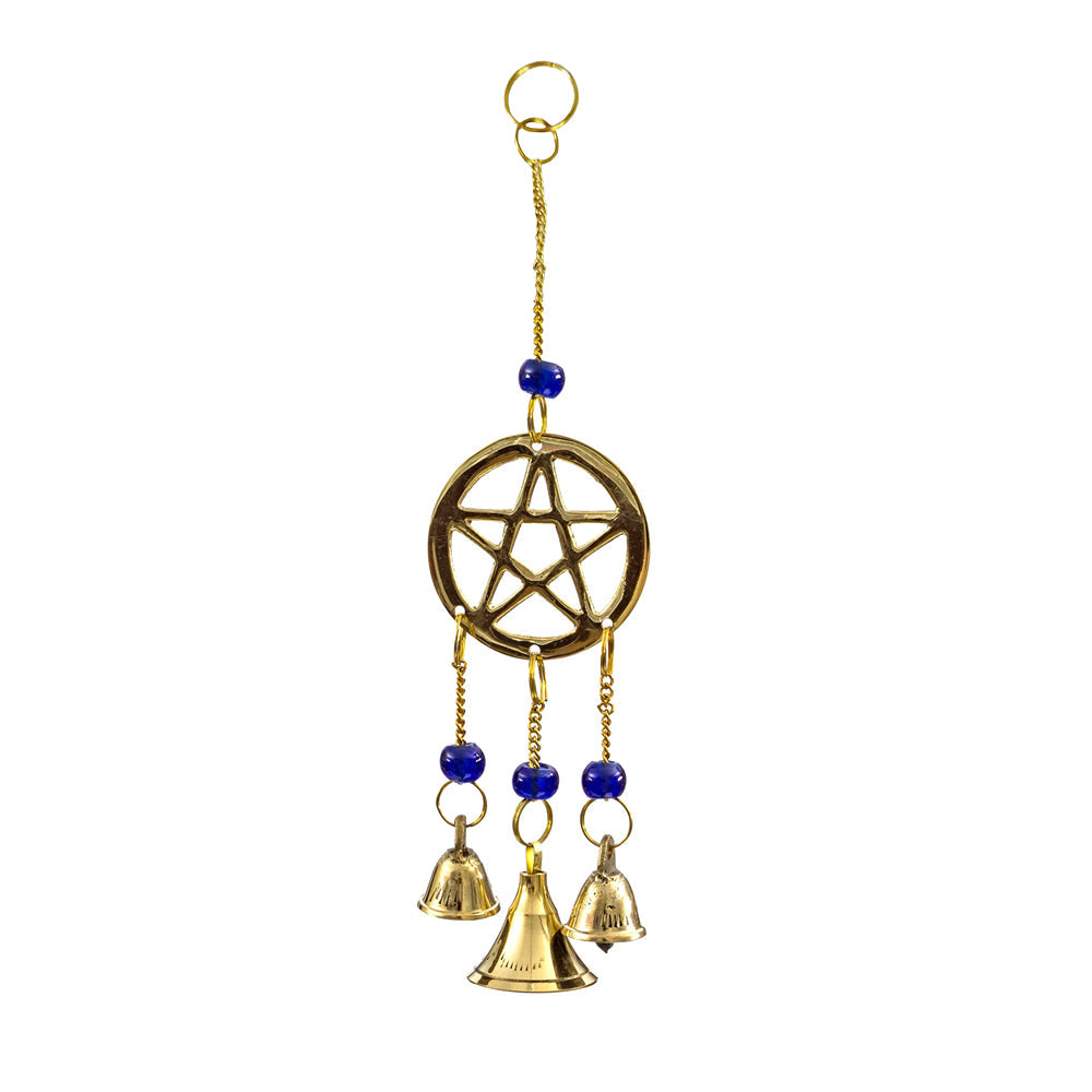 Pentacle windchime with beads for hanging outdoor decor, porch styling, and altar space ambiance.