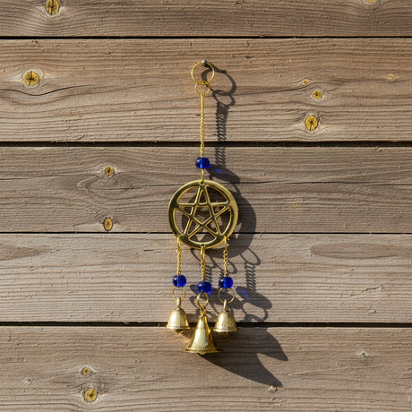 Pentacle windchime with beads for hanging outdoor decor, porch styling, and altar space ambiance.