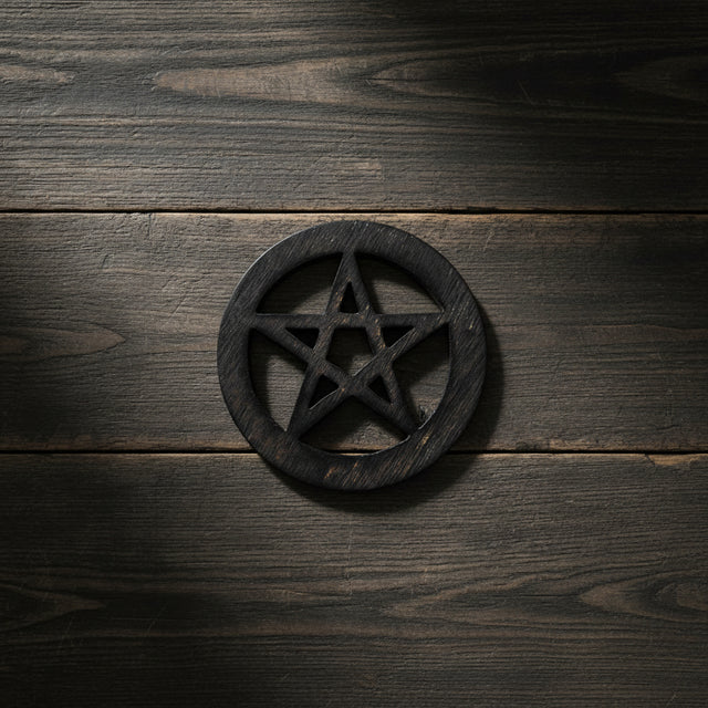 Pentacle wood altar tile for candle placement, ritual tool display, and altar decor.