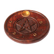 Pentacle wood round incense burner for stick incense burning, altar decor, and meditation spaces.