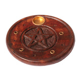 Pentacle wood round incense burner for stick incense burning, altar decor, and meditation spaces.