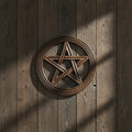 Pentacle wood wall plaque for wall hanging, altar room decor, and witchcraft-themed styling.