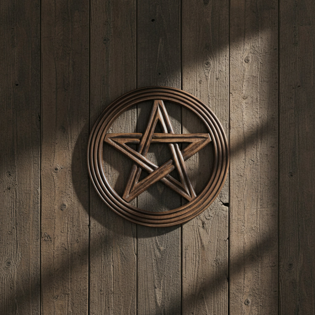 Pentacle wood wall plaque for wall hanging, altar room decor, and witchcraft-themed styling.