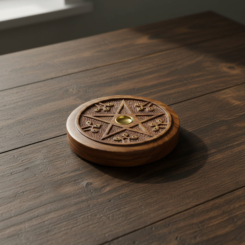 Pentacle wooden incense burner 5 inches for stick incense burning, altar decor, and meditation spaces.