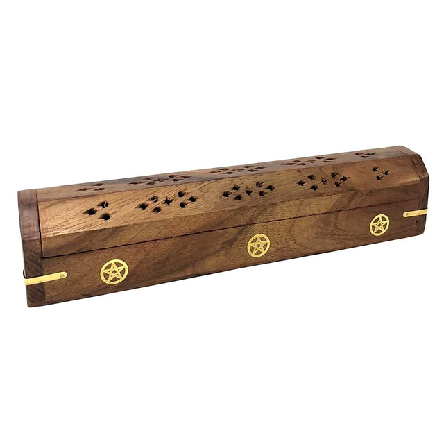Pentacle wooden coffin-shaped incense box burner for storing incense sticks and ash catching.