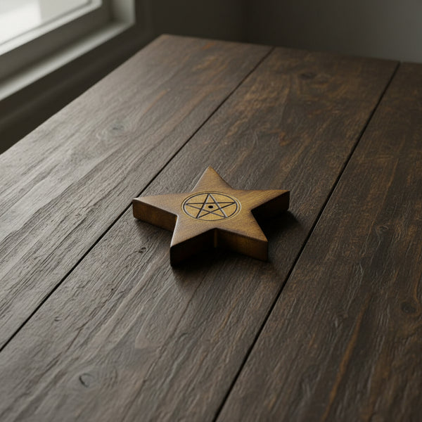 Pentacle wooden incense burner for stick incense burning, altar decor, and meditation spaces.