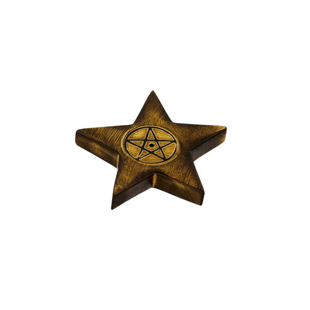Pentacle wooden incense burner for stick incense burning, altar decor, and meditation spaces.