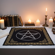 Pentagram altar cloth square fabric with gold and silver print for altar setup, ritual work, and spiritual decor.