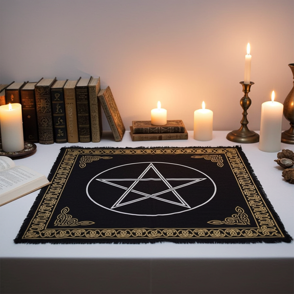 Pentagram altar cloth square fabric with gold and silver print for altar setup, ritual work, and spiritual decor.