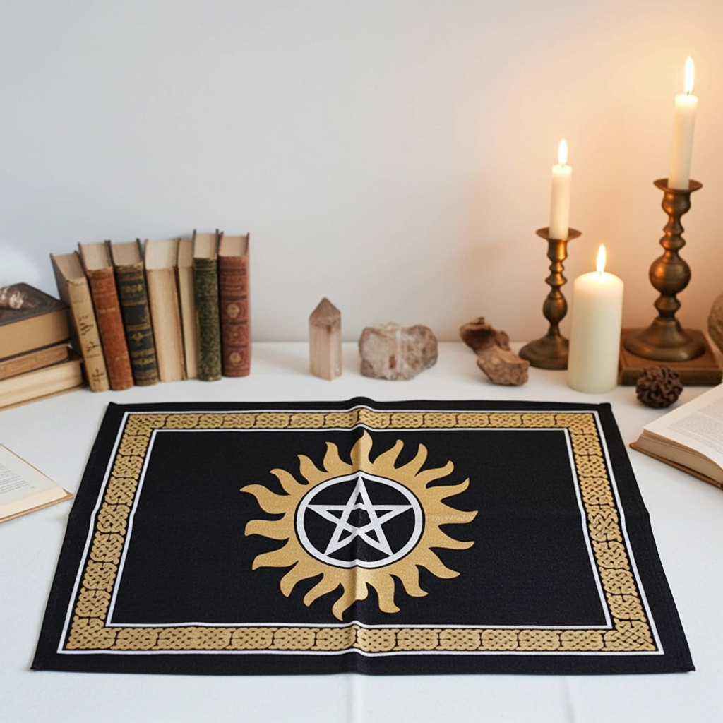 Pentagram altar cloth fabric table cover for Wiccan rituals, altar decoration, and ceremonial use.
