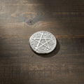 Pentagram altar tile silver plated for candle placement, ritual tool display, and altar decor.