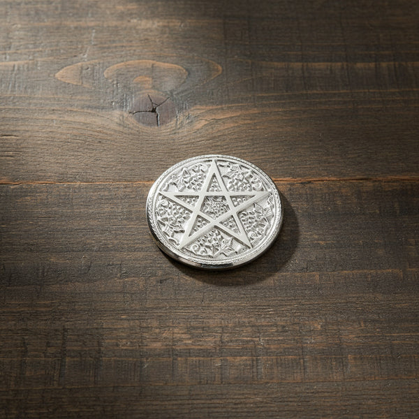 Pentagram altar tile silver plated for candle placement, ritual tool display, and altar decor.