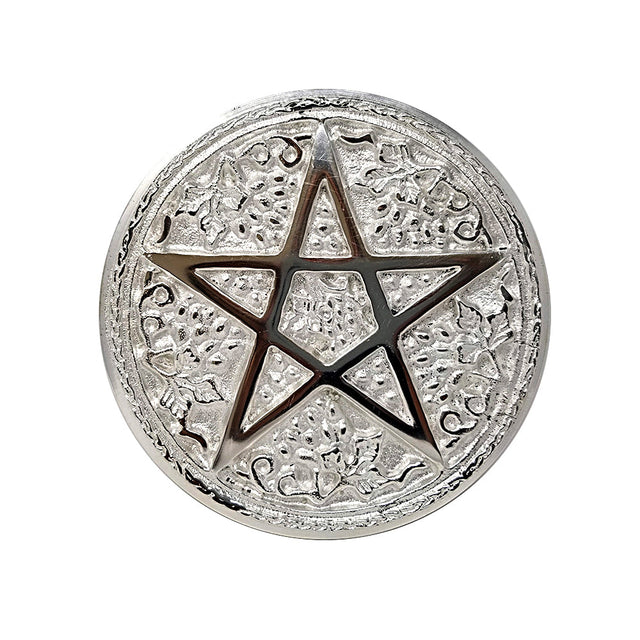 Pentagram altar tile silver plated for candle placement, ritual tool display, and altar decor.