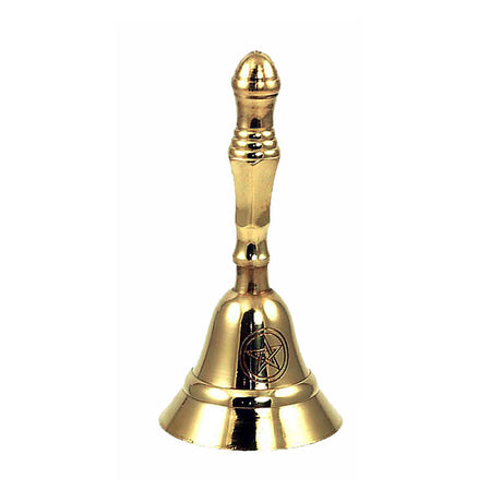 Pentagram brass hand bell for ritual bell ringing, altar use, and energy clearing ceremonies.