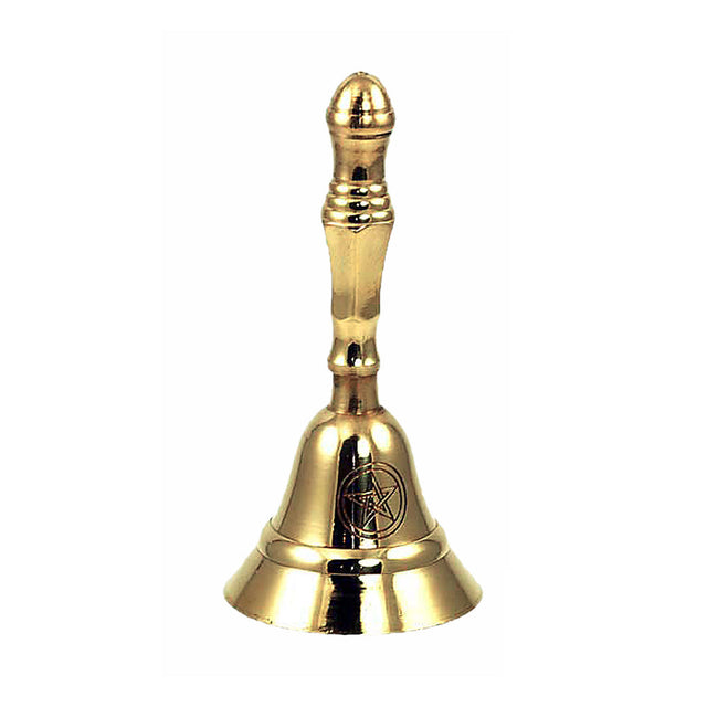 Pentagram brass hand bell for ritual bell ringing, altar use, and energy clearing ceremonies.