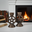 Pentagram Candle Holders set of 2 decorative metal candle holders for altar decor, ritual use, and gothic home styling.
