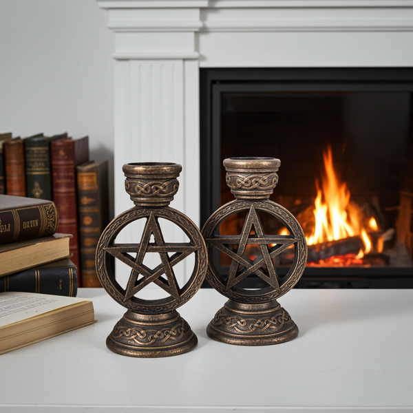 Pentagram Candle Holders set of 2 decorative metal candle holders for altar decor, ritual use, and gothic home styling.