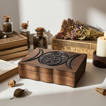Pentagram Cobra carved wood box with engraved lid for jewelry storage, altar use, and small keepsake organization.