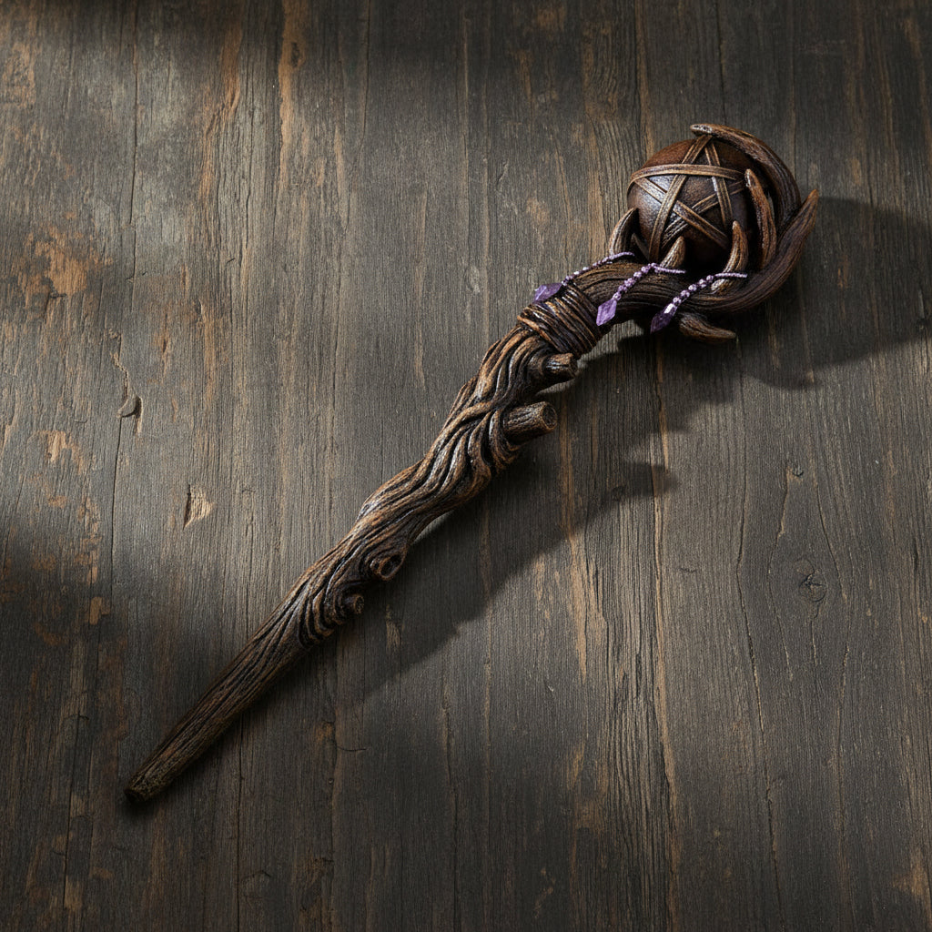 Pentagram magical wand ritual tool for spell work, energy direction, and altar ceremonies.
