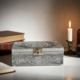 Pentagram Metal Over Wood Box decorative storage box for holding jewelry, keepsakes, and altar items.