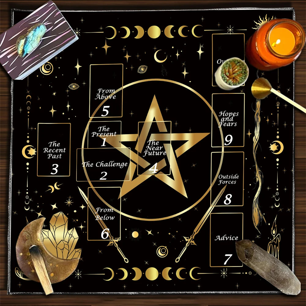 Pentagram Moon Phase divination altar cloth table cloth for tarot reading, spell work, and ritual practice.
