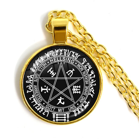 Alucard Pentagram necklace with glass pendant for alternative fashion, occult-inspired styling, and daily accessory use.