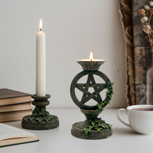 Pentagram taper candle holder set of 2 for holding taper candles during altar decor, ritual practice, and gothic home styling.