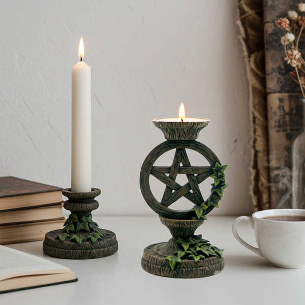 Pentagram taper candle holder set of 2 for holding taper candles during altar decor, ritual practice, and gothic home styling.