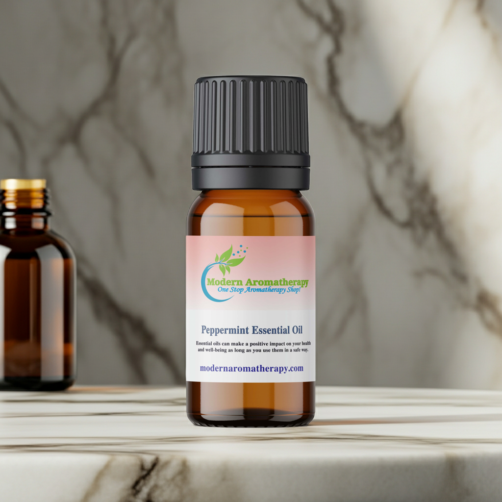 Peppermint essential oil bottle for diffuser use, cooling muscle massage blending, and fresh invigorating aromatherapy.