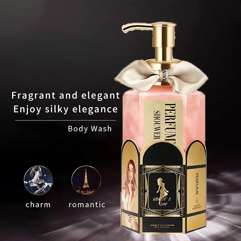 320ml Long-Lasting Perfume Body Wash bottle with gold pump on dark background for moisturizing shower care.