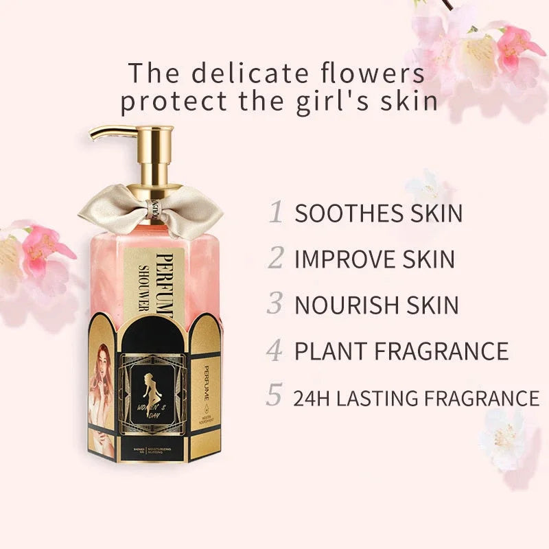 320ml Long-Lasting Perfume Body Wash bottle with pink label surrounded by delicate flowers on white background.