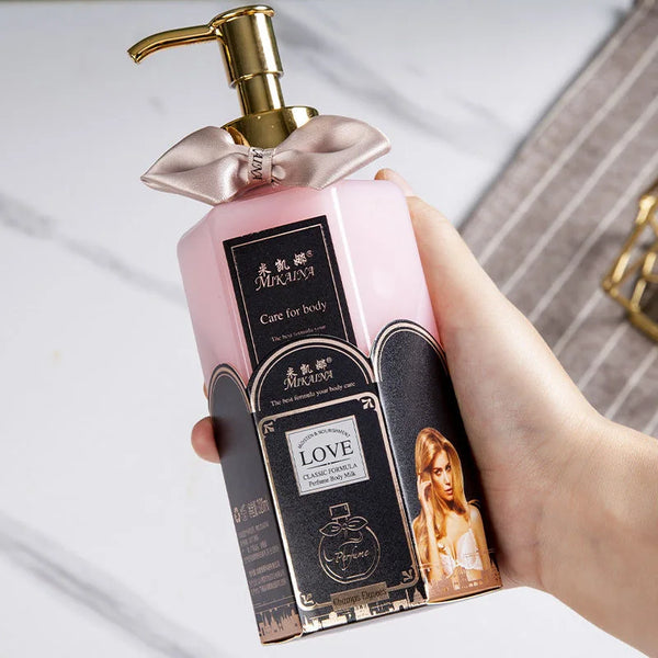 320ml Long-Lasting Perfume Body Wash bottle in pink and black with gold pump for daily fragrance body care.