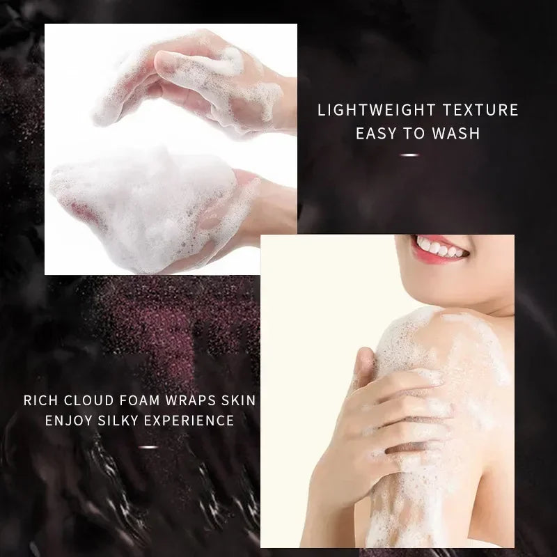 Hands applying foam from 320ml Long-Lasting Perfume Body Wash showing rich lather texture and daily care use.