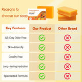 ONNYJOY Persimmon Deodorizing Soap comparison chart showing benefits over other brands on yellow background.
