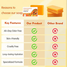 ONNYJOY Persimmon Deodorizing Soap comparison chart showing benefits over other brands on yellow background.