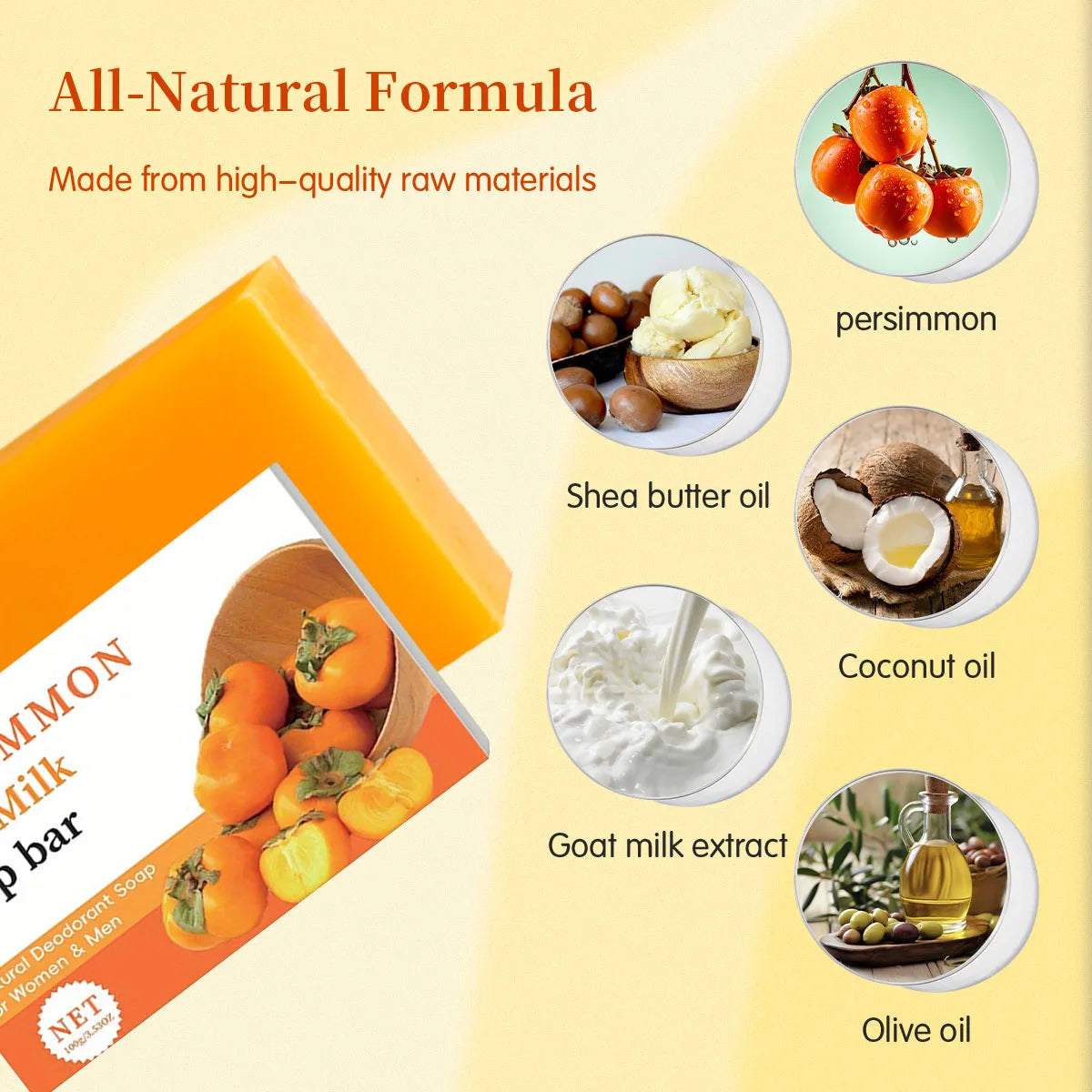 ONNYJOY Persimmon Deodorizing Soap ingredients and product details on yellow background.