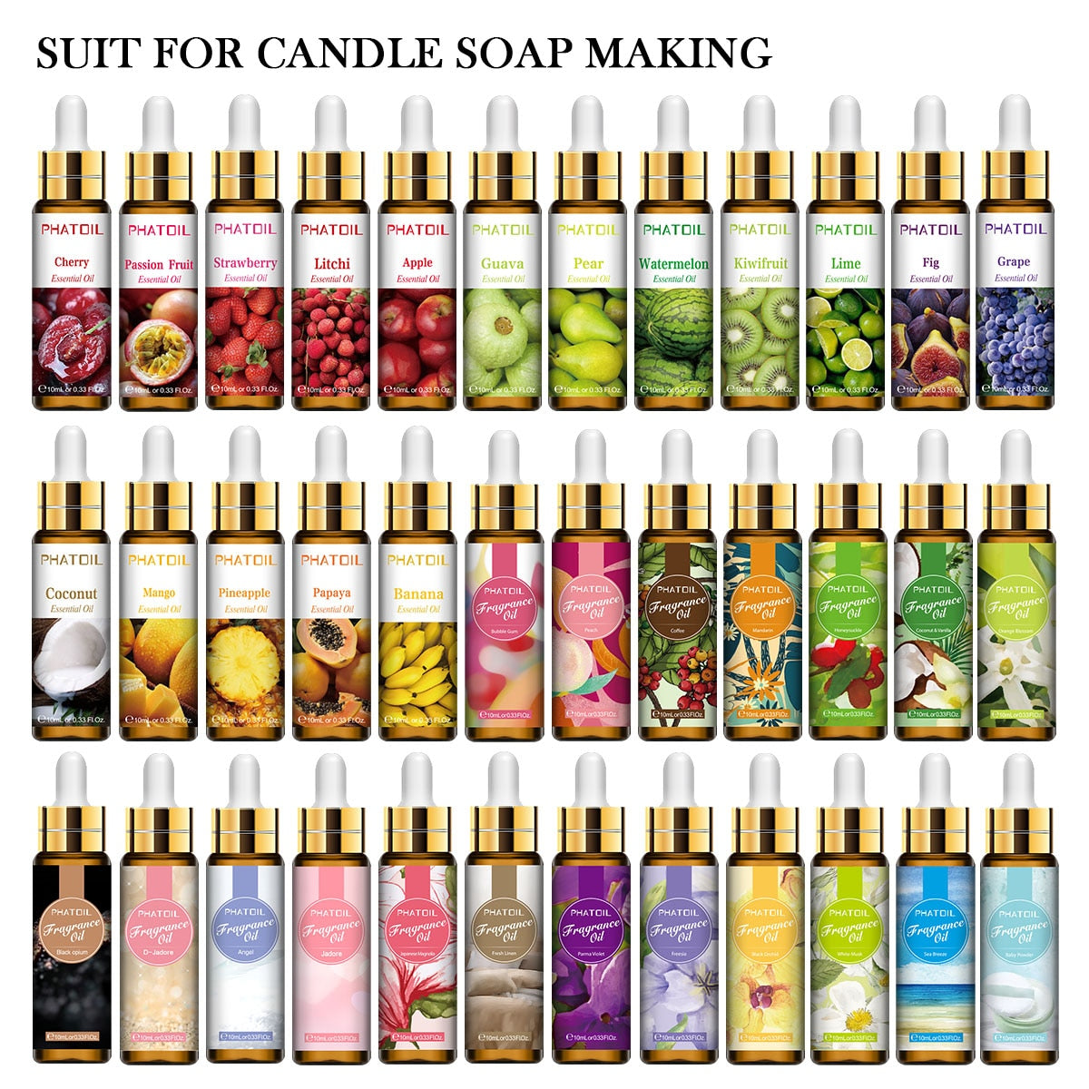 PHATOIL 10ml Fruit Fragrance Oils for ultrasonic diffusers, candle making, DIY crafts, and home fragrance.