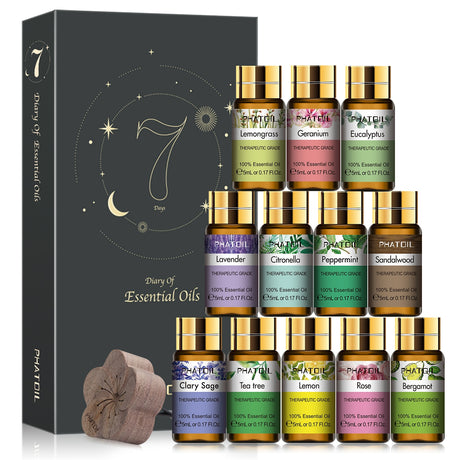 PHATOIL 12-piece essential oils gift box with bottled oils for wellness rituals, diffuser use, and relaxing self-care.