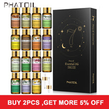 PHATOIL 15-piece essential oil set: fifteen 5ml amber bottles including cinnamon, vanilla, ylang ylang, eucalyptus, lemon, sandalwood, sweet orange, lavender, jasmine, tea tree, rose, lemongrass, peppermint, rosemary and chamomile, with two droppers and a black Diary of Essential Oils gift box.