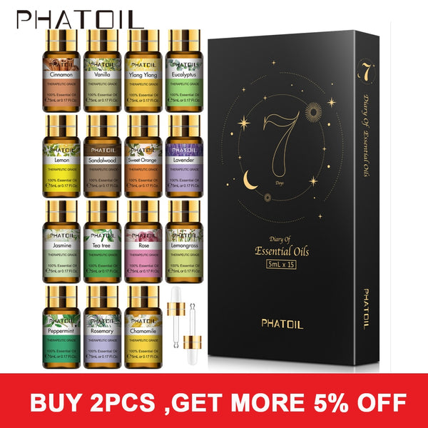 PHATOIL 15-piece essential oil set: fifteen 5ml amber bottles including cinnamon, vanilla, ylang ylang, eucalyptus, lemon, sandalwood, sweet orange, lavender, jasmine, tea tree, rose, lemongrass, peppermint, rosemary and chamomile, with two droppers and a black Diary of Essential Oils gift box.