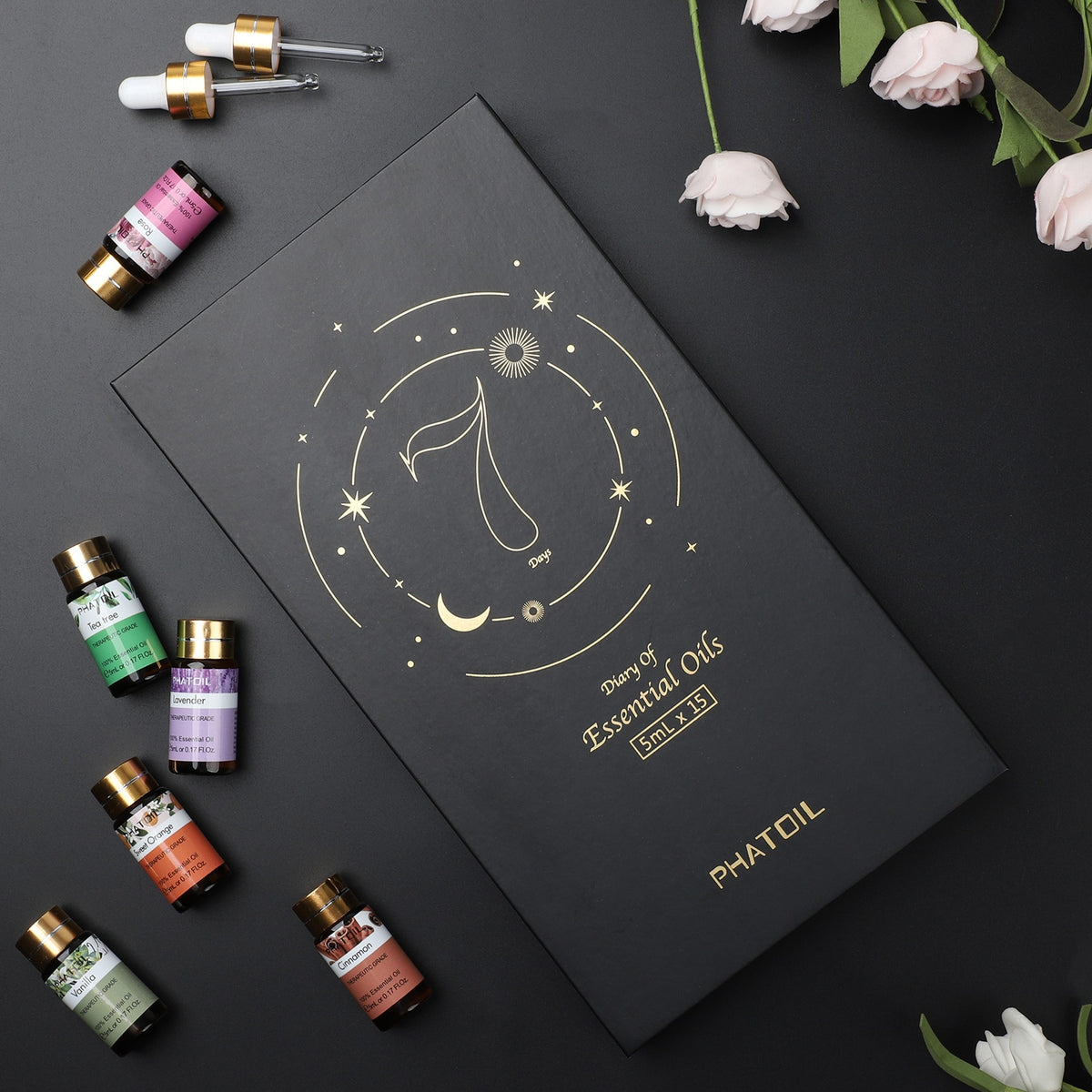PHATOIL aromatherapy essential oils gift set with 15 bottles for relaxation, meditation, and home fragrance use.
