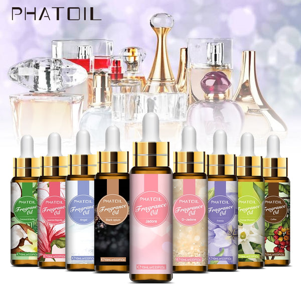 PHATOIL 10ml fragrance oil bottles with fitted droppers and illustrated labels, including coconut and vanilla, japanese magnolia, black orchid and freesia.