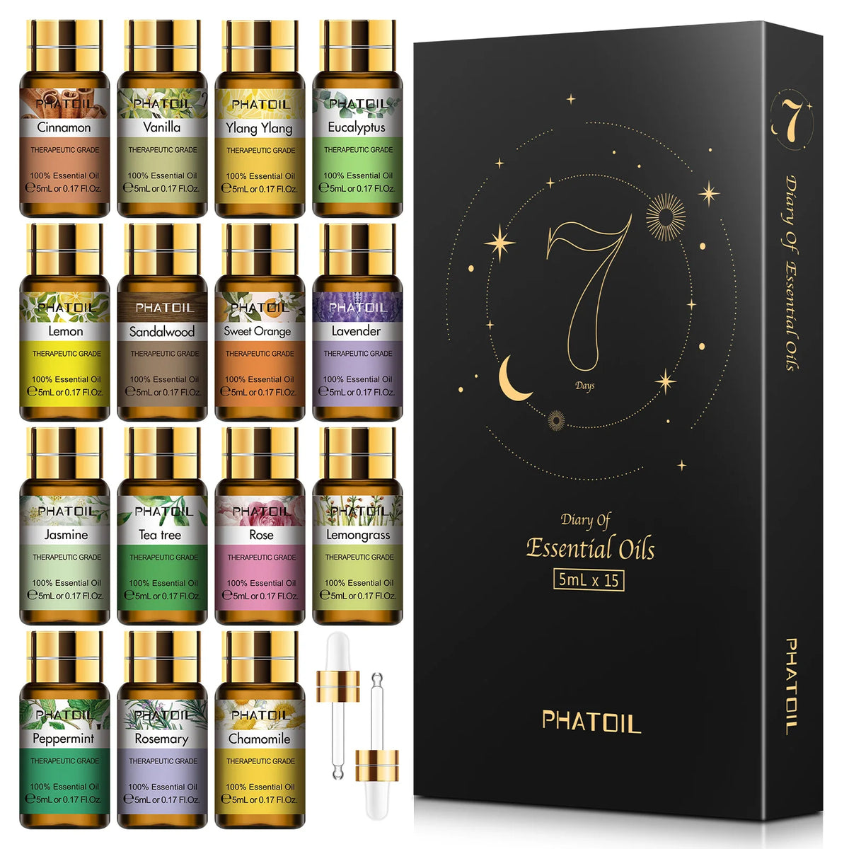 PHATOIL essential oils gift set bottles for massage blends, diffuser use, and soothing aromatherapy practice.