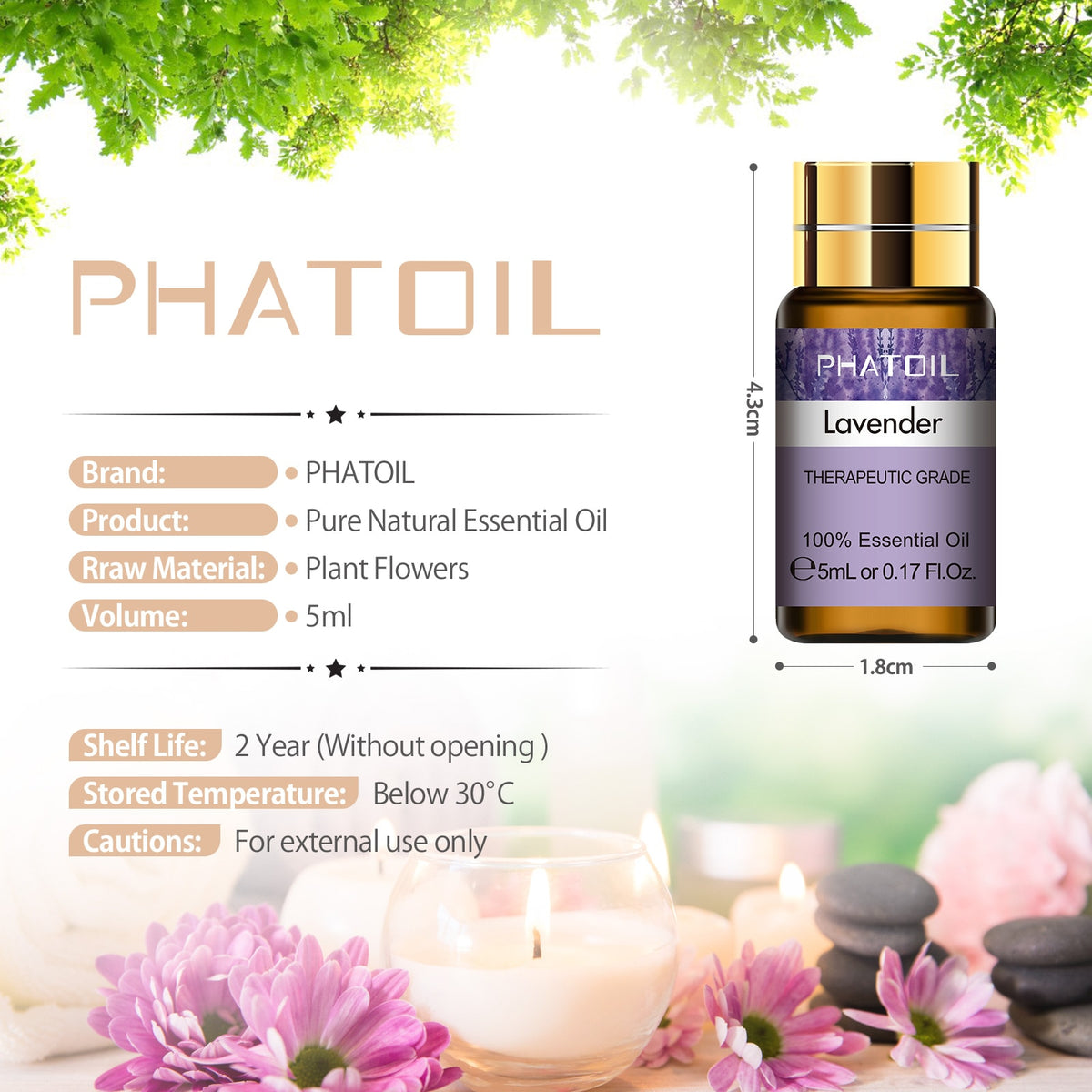 PHATOIL 5ml essential oil specifications: amber bottle 4.3cm tall and 1.8cm wide, two-year shelf life unopened, stored below 30 degrees, external use only.