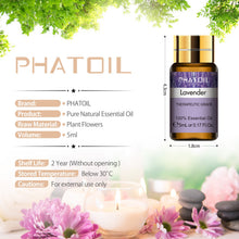 PHATOIL 5ml essential oil specifications: amber bottle 4.3cm tall and 1.8cm wide, two-year shelf life unopened, stored below 30 degrees, external use only.